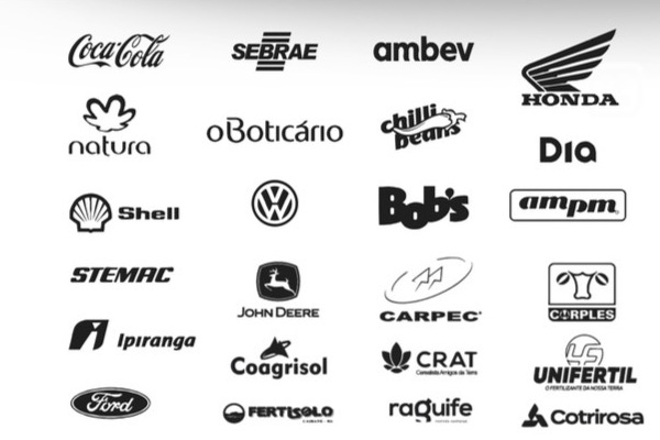 Logos de clientes atendidos pelo Grupo Studio, incluindo Coca-Cola, SEBRAE, Ambev, Honda, Natura, O Boticário, Shell, Volkswagen, Ford e outras grandes empresas